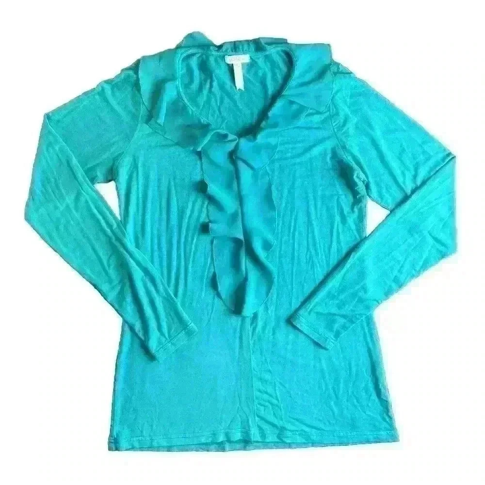 Matilda Jane Britta Long Sleeve Ruffle Blouse Top Size Small Green Teal Stretch